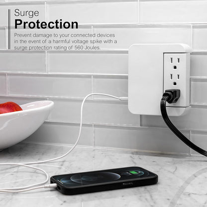 Pro Side-Access Swivel Sur Protector, 5-Outlet Extender with 2 USB Ports, Wall Tap Adapter, Charging Station, 3-Prong, 560 Joules, 2.4 AMP/12 Watt, UL Listed, White, 39429