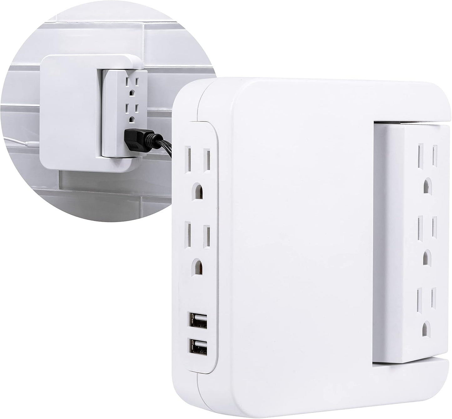 Pro Side-Access Swivel Sur Protector, 5-Outlet Extender with 2 USB Ports, Wall Tap Adapter, Charging Station, 3-Prong, 560 Joules, 2.4 AMP/12 Watt, UL Listed, White, 39429